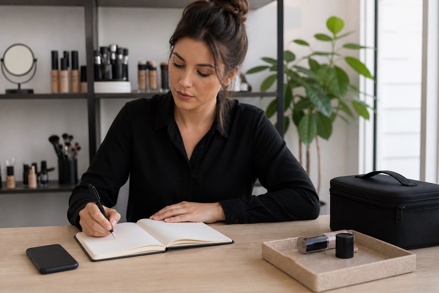 Makeup artist reviews liability policy and complaint documentation beside a closed professional kit