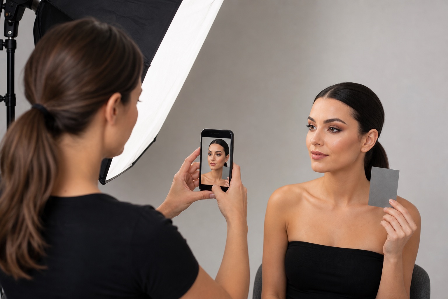 Makeup artist photographs an adult model with smartphone, softbox and grey reference card