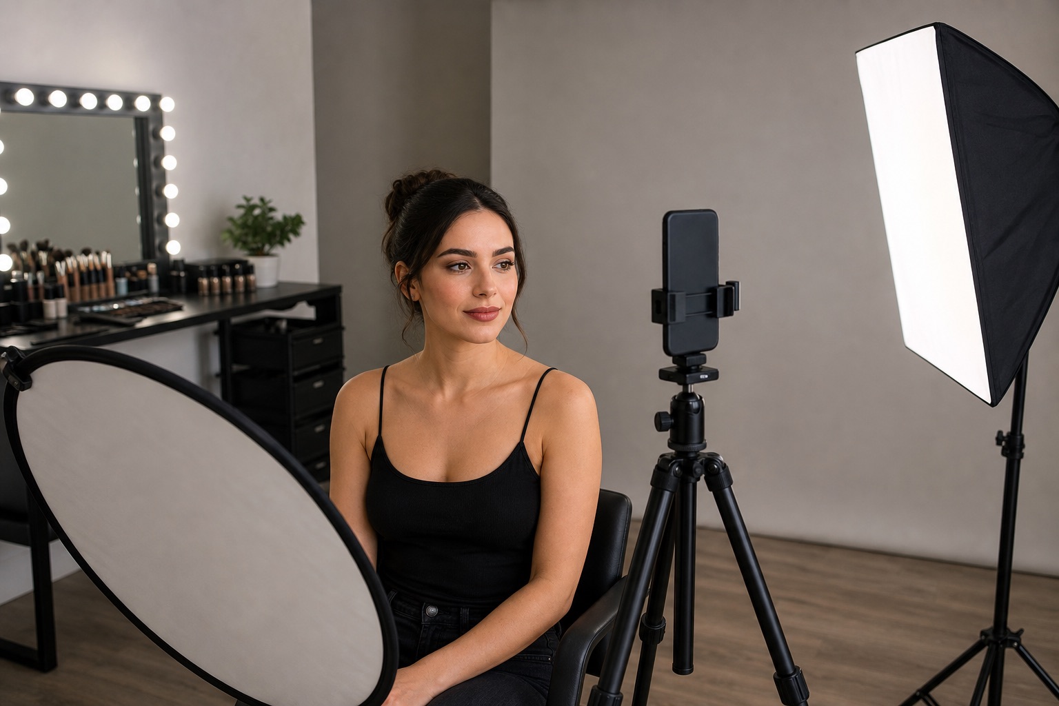 Smartphone on a tripod faces a softbox and reflector for controlled makeup photography
