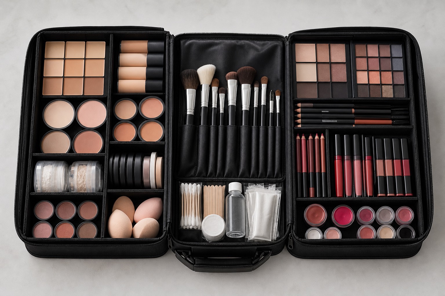 Open professional makeup case organised into separate product, brush and consumable modules