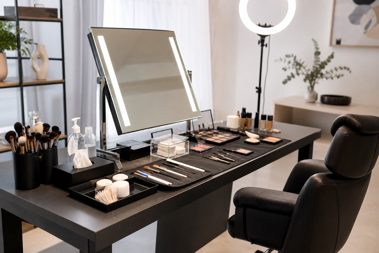 Professional makeup workstation prepared with lit mirror, adjustable chair and organised work surface