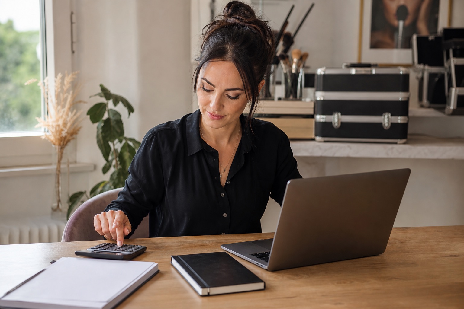 Makeup artist organises invoices, receipts and business costs with a laptop and calculator